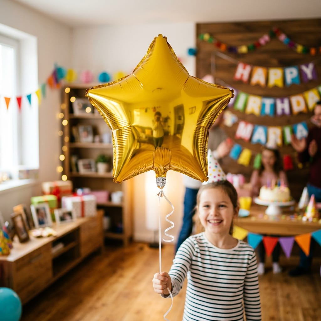 Smiling child holding a golden star balloons at a birthday party