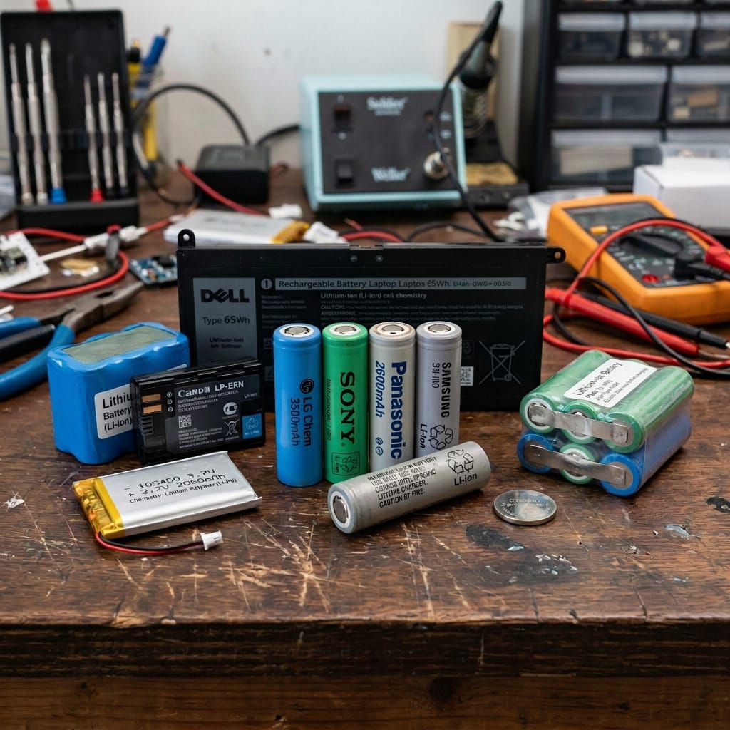 Assorted rechargeable batteries, battery packs, tools, and a multimeter on a workbench